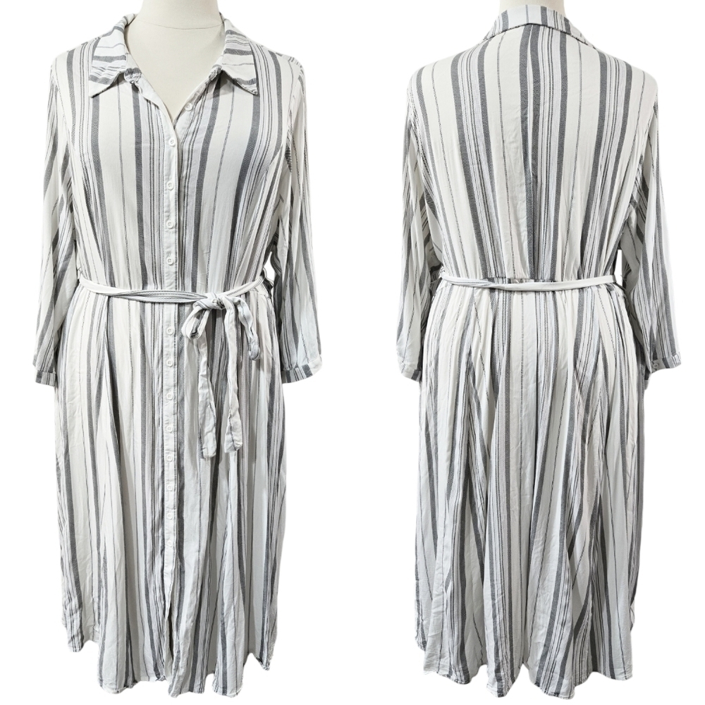 Torrid Gray Ivory Stripe Challis Self Tie Belted Midi Button-Up Shirt Dress